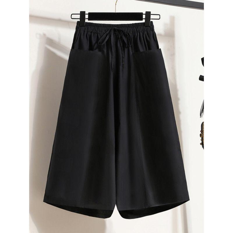 Plus size women clothing Chubby Girl European and American Summer New Elastic High Waist Lace-up Tencel Thin Casual Cropped Wide Leg Culottes