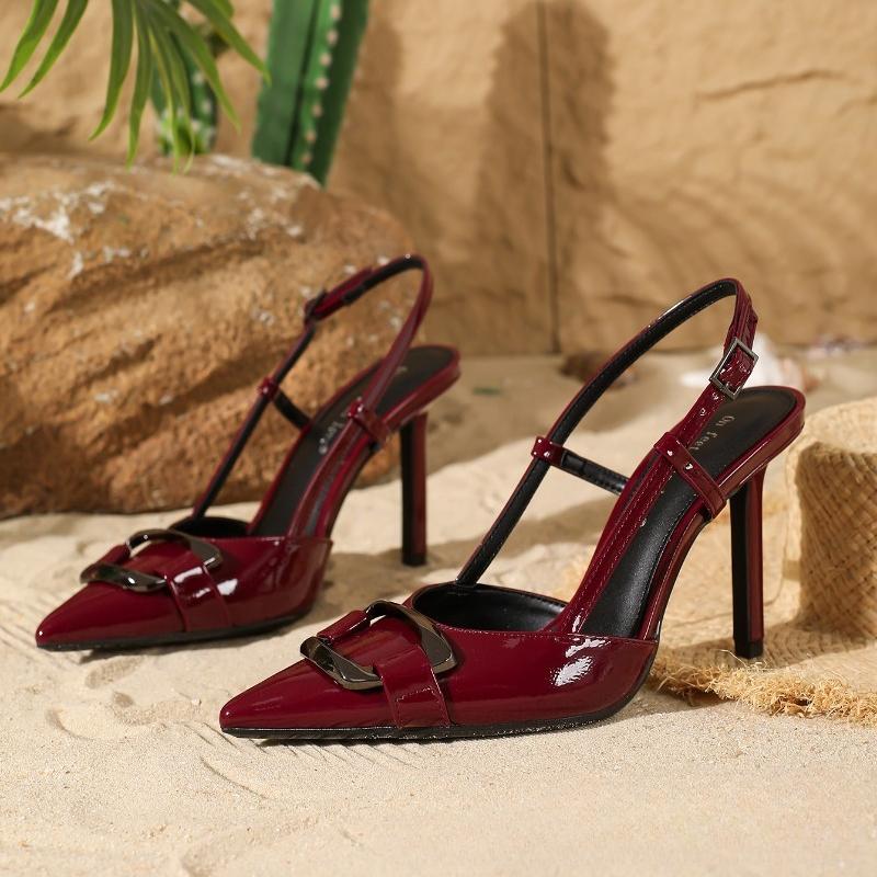 

Fashion Burgundy Patent Leather Narrow Band Pumps Women Fashion Metal Square Buckle Designer Shoes Elegant Banquet Slingback Dress Shoes 42 бордовый
