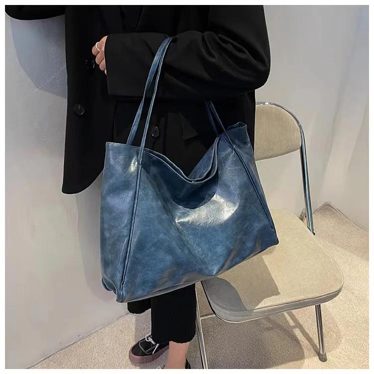 

Women s Vintage Red Tote Bag - Athletic Casual Fashion Large Capacity Leather Shoulder Shopper Simple Harajuku Handbag Sac 42x29cm синій