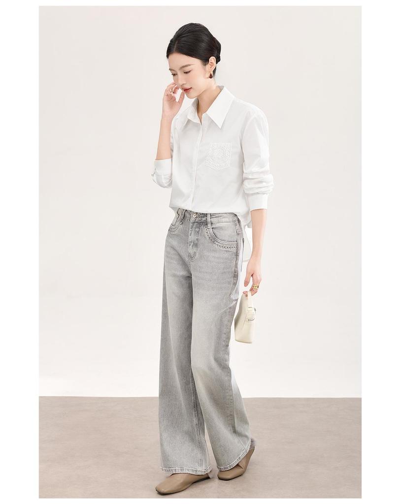 Women's Early Spring Loose Casual Lace Cotton Shirt with Bamboo Joint Design