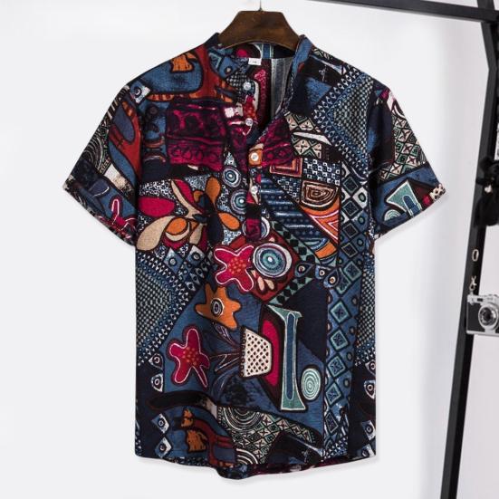 Men Beach Shirt Colorful Geometric Print Short Sleeves Buttons Turn-down Collar Cooling Loose Vintage Ethnic Men Shirt Men Clothes