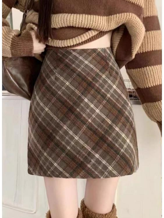 Korean Plaid High-Waisted Wool Blend A-Line Midi Skirt - Women's Autumn/Winter Style