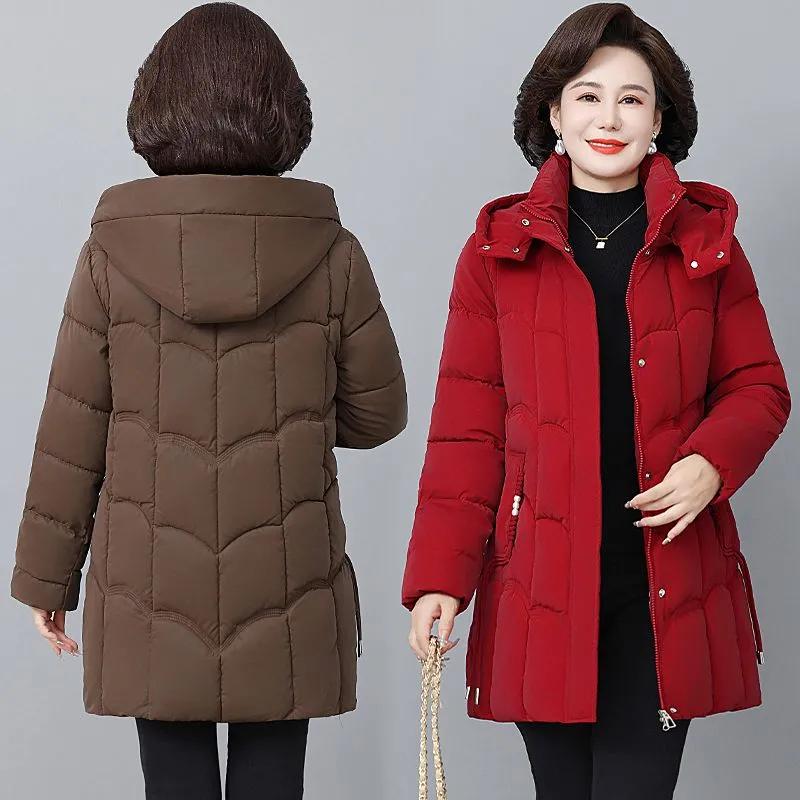 Women's Winter Thickened Jackets Parkas Hooded Quilted Long Pockets Coat Middle Aged Female Overcoat