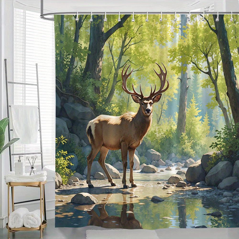 

Deer Forest Stream Shower Curtain Nature Art Bathroom Decor Wildlife Trees Bath Curtains Modern Home Interior W90xH180cm