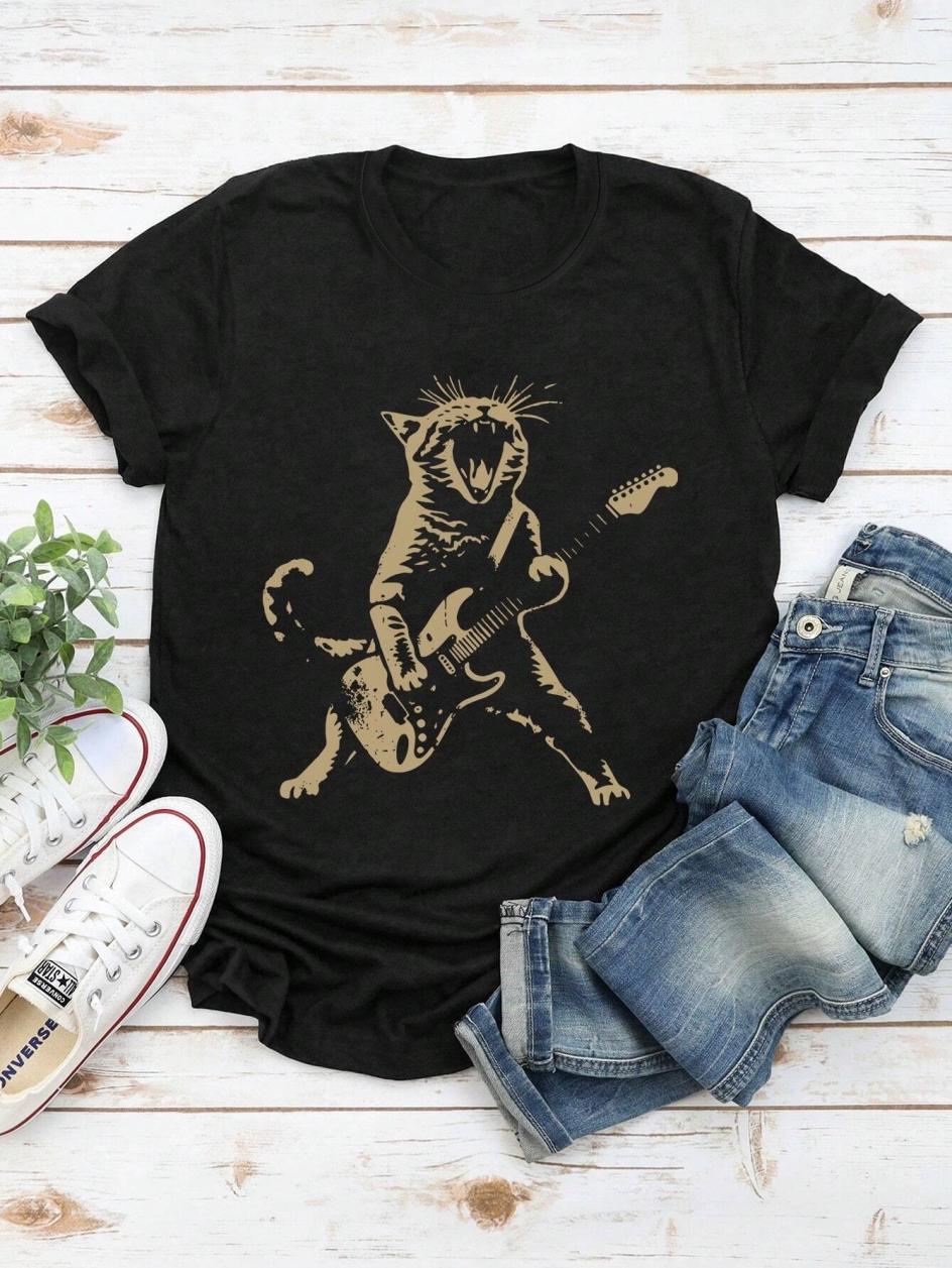 

Cat Playing The Guitar Painting Women T-Shirt Summer Casual Street Short Sleeve Tops Fashion Oversize Soft Female Tees Clothes S