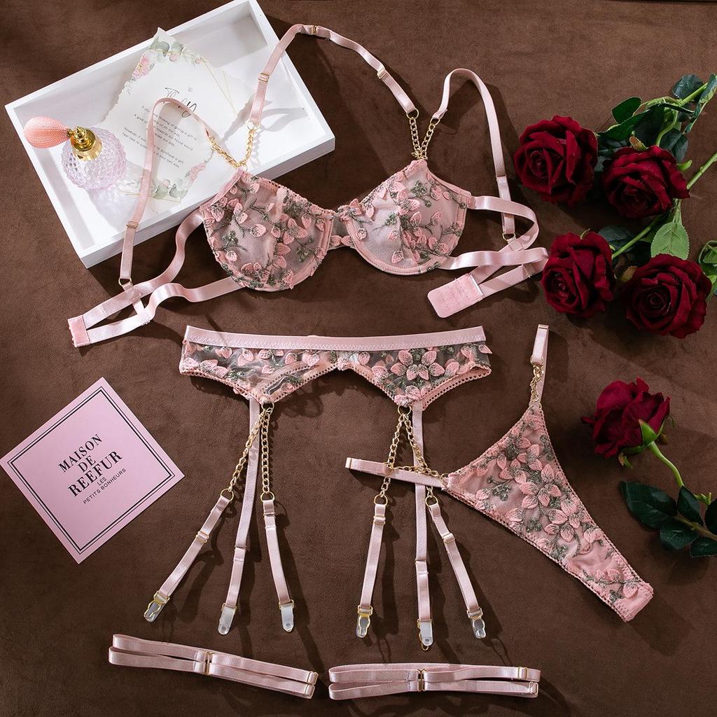 European and American Embroidered Floral Sheer Sexy Lingerie Bra Set