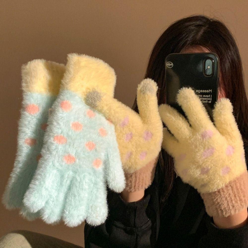 Polka Dot Five-Finger Gloves Touchscreen Warm Gloves Sweet Knitted Gloves Riding