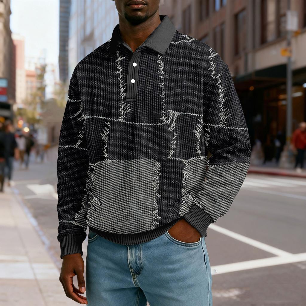 Pánské ležérní volné tričko s límečkem na knoflíčky a dlouhým rukávem