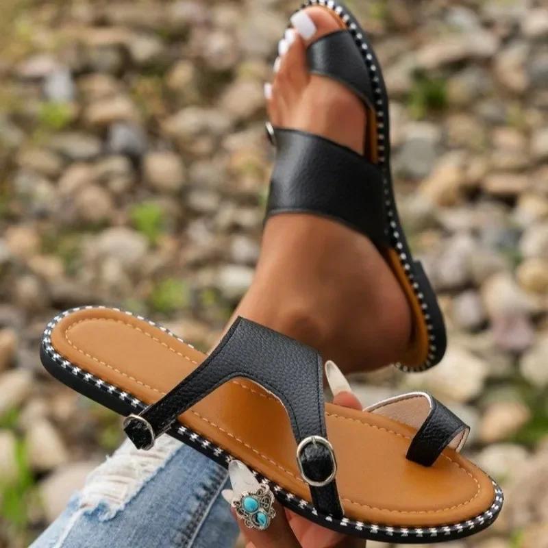 

Мода 2025 новые европейские и американские женские сандалии на плоской подошве больших размеров, повседневные шлепанцы с открытым носком 43 чёрный