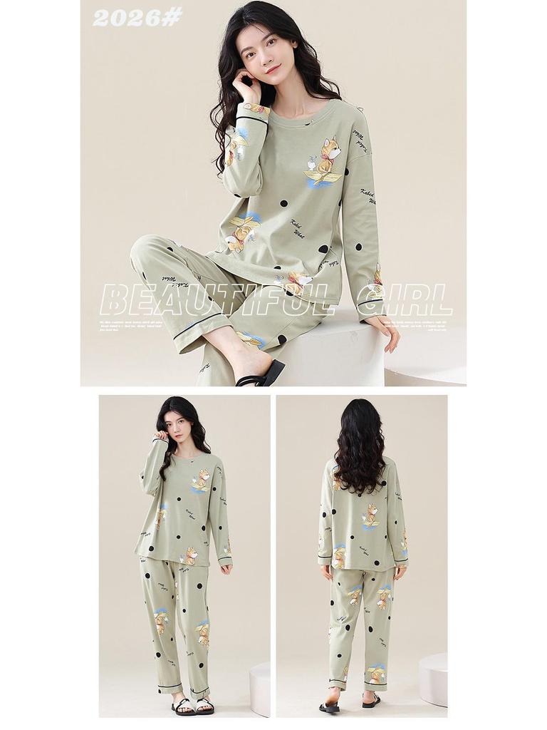 Women's Korean-Style Pure Cotton Printed Long Sleeve Pajama Set for Autumn/Spring