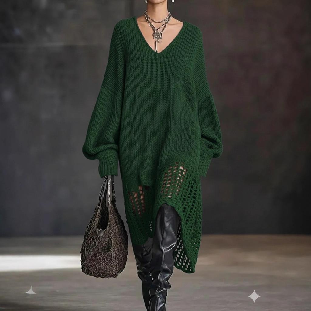 2026 Independent Station European and American V-neck knitted dress irregular hem hollow loose dress