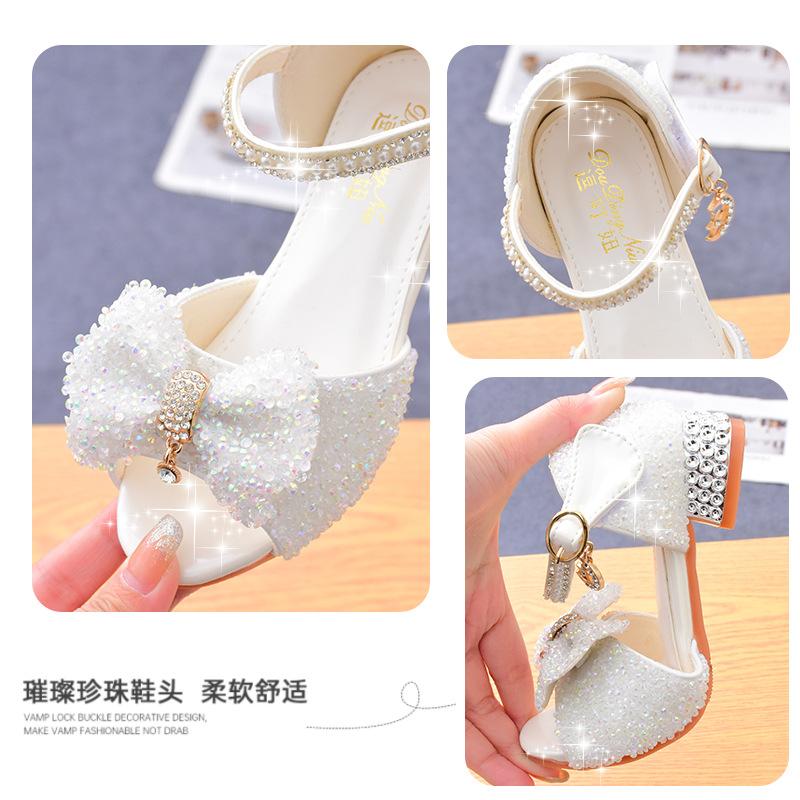 Children's Sandals Summer New Kids Crystal Bowknot Girls High Heels Soft Soled White Princess Wedding Performance Shoes