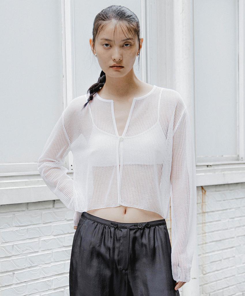 EMKM Linen See-Through Knit Cardigan_White
