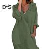 Women Summer Lapel V Neck Shirt Dress Solid Color Pockets Design Side Split Loose Fit Thin Midi Dress Beach Holiday Dress