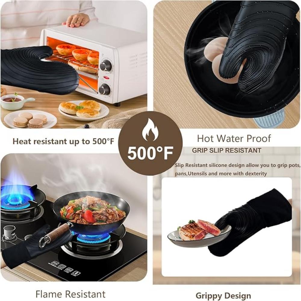 Silicone oven heat insulation gloves, suitable for cooking, baking and grilling, extended style, BPA-free, easy to clean, flexib