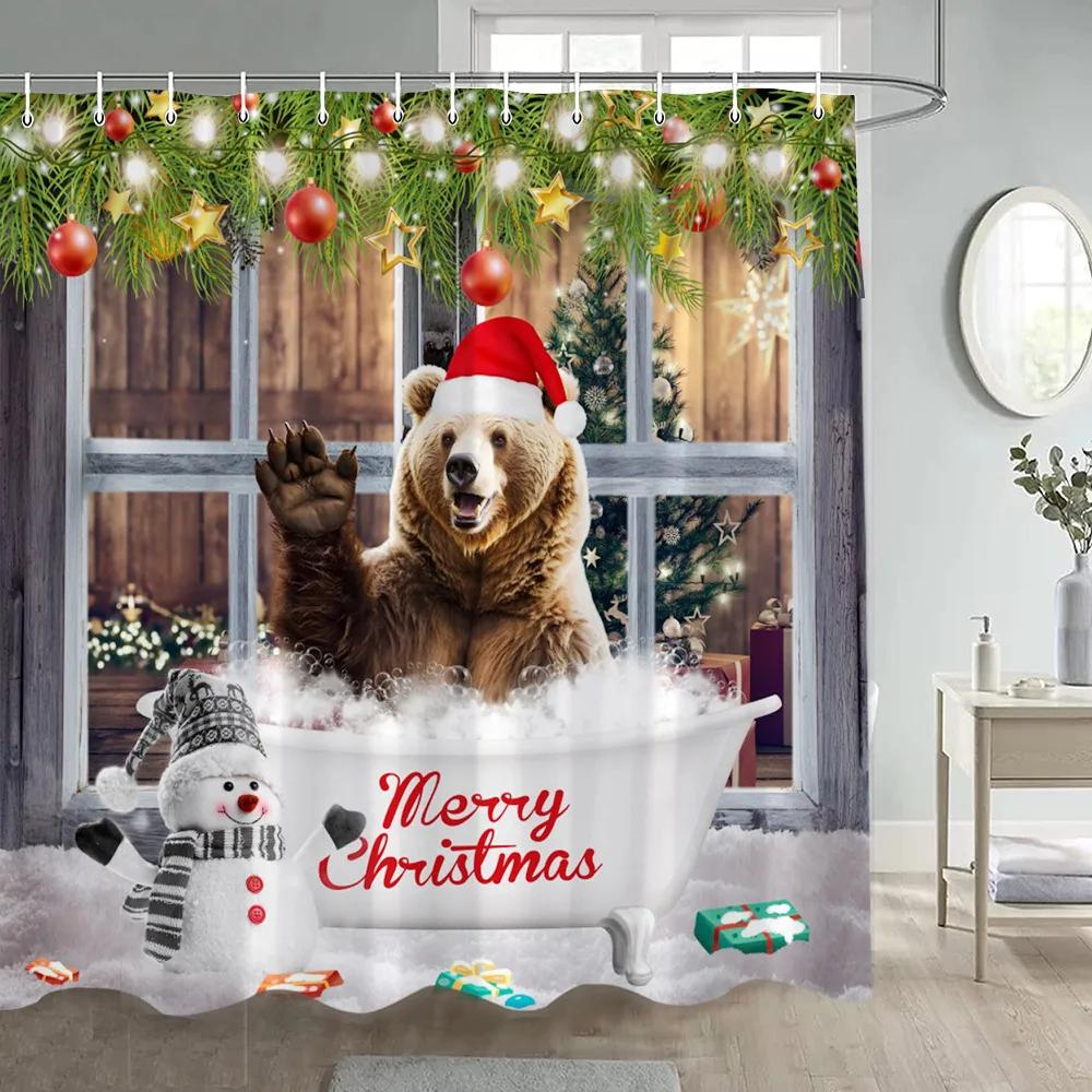 Christmas Snowman Shower Curtain Winter Forest Red Berry Birds Snowy Scene Xmas Bath Curtains Fabric Wall Hanging Bathroom Dec