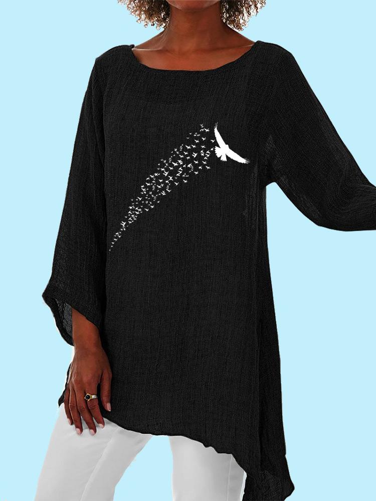 Women Fashion Print Thin Blouses 3/4 Spring&summer Long Sleeve Cotton Linen Top Female Casual Rpund Collar Loose Irregular Hem Shirt