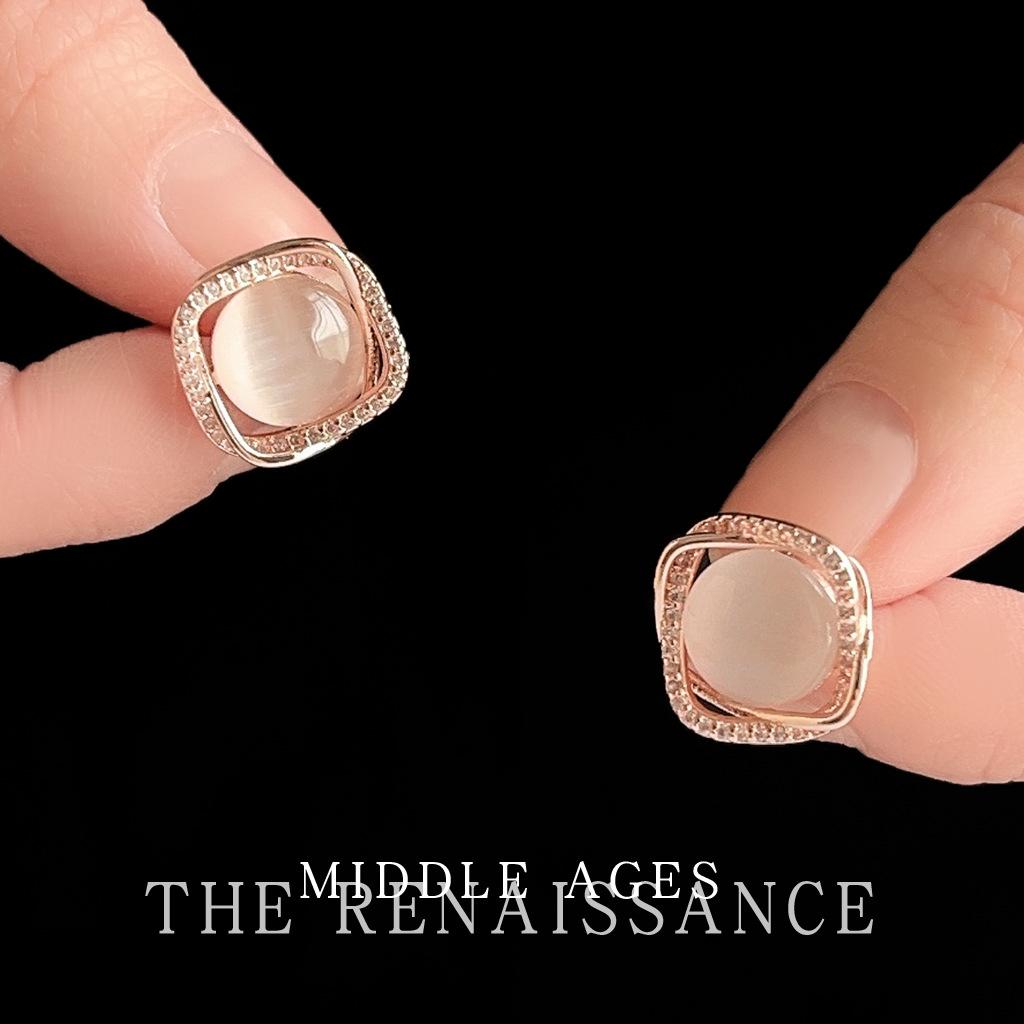 Light medieval French opal geometric zircon stud earrings retro light luxury versatile earrings temperament earrings