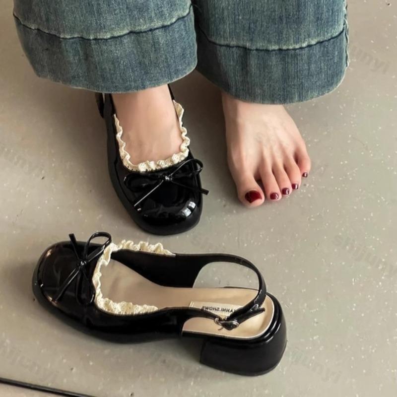 Summer Women Sandals  Lace Thick Heel Fashion Butterfly-knot Ladies Cover Toe Dress Singbacks Bow Mary Jane Ballet Sandalias