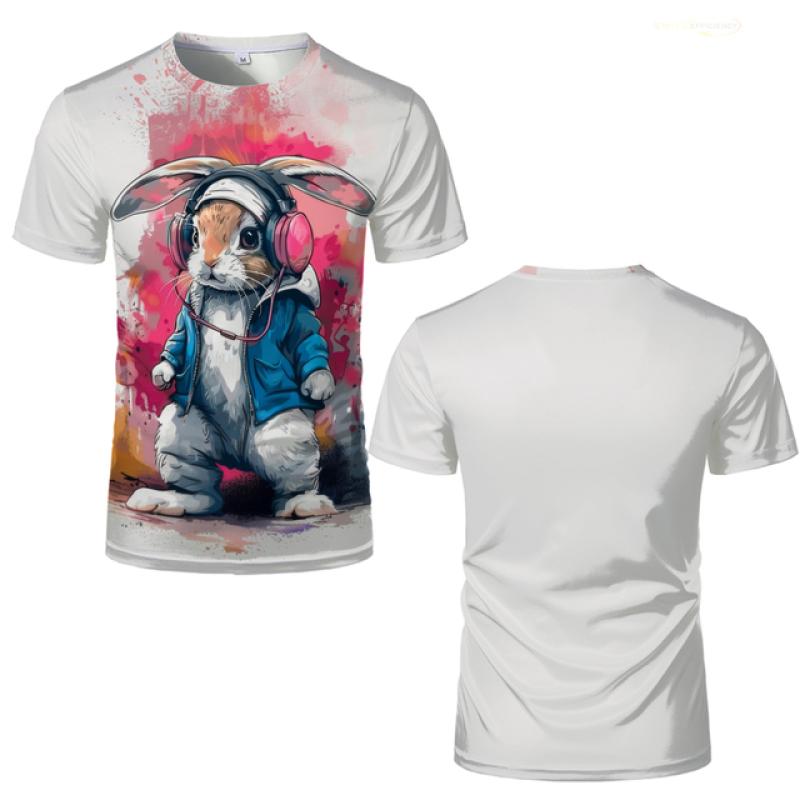 Hip-Hop Bunny Graphic Tee - Urban Streetwear Rabbit with Headphones, Splash Art Design, Soft Polyester, Men's T-Shirt S-XXL