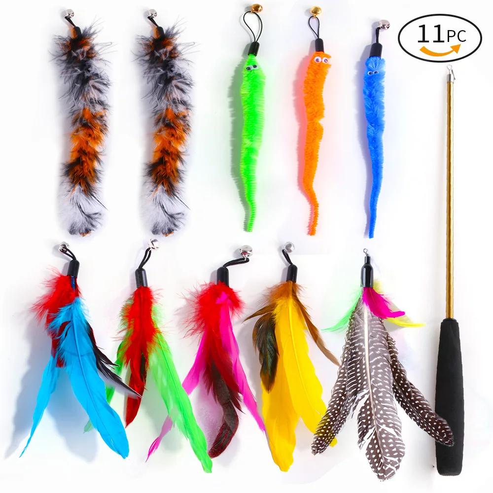 

Retractable Pet Cat Caterpillar Feather Replacement Head Toy Set Funny Cat Stick Fishing Rod Cat Toys Interactive Pet Products чёрный