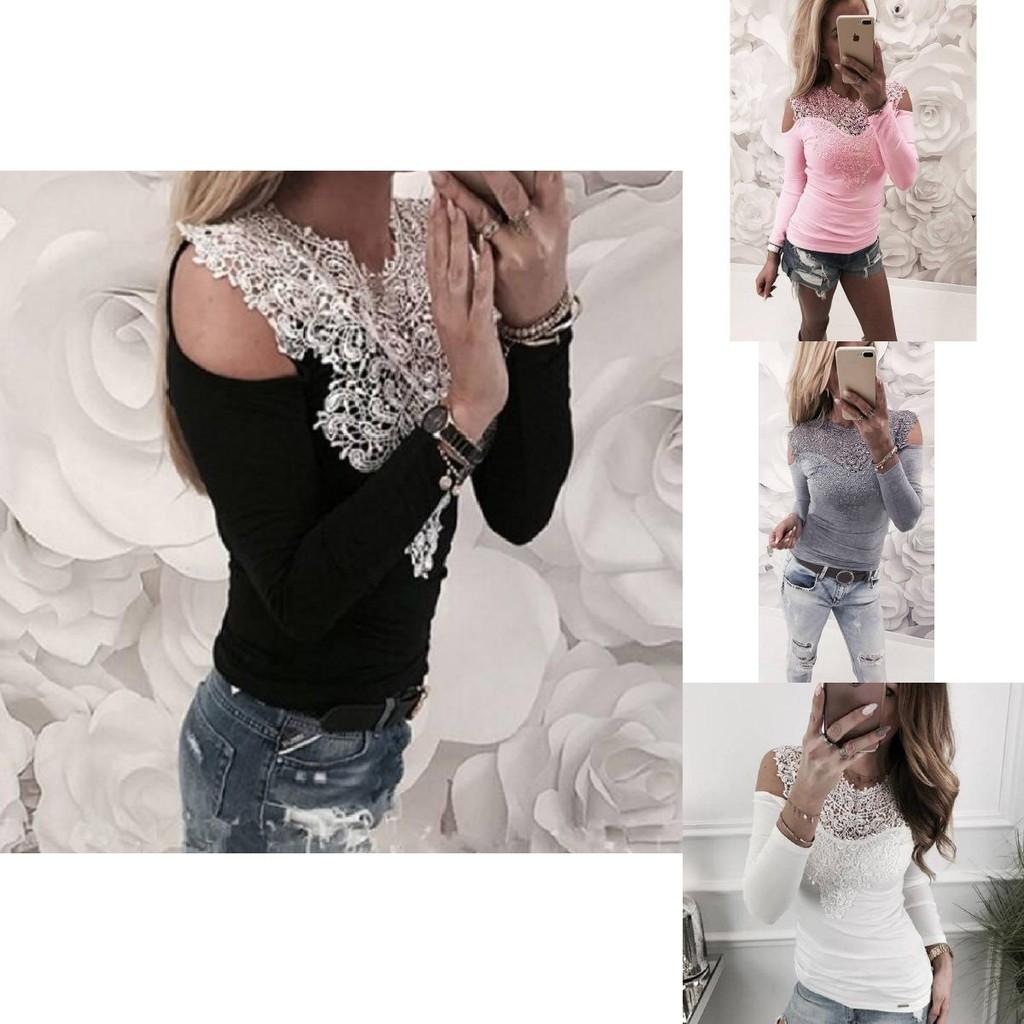 Elegant Spring Collection Sexy Lace Shoulder Cutout Cotton T-shirt Top In Gray Pink White And Black
