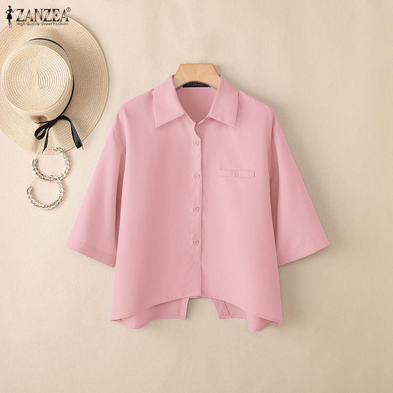 ZANZEA Women Casual Turn Down Collar Solid Color Loose Half Sleeve Blouse