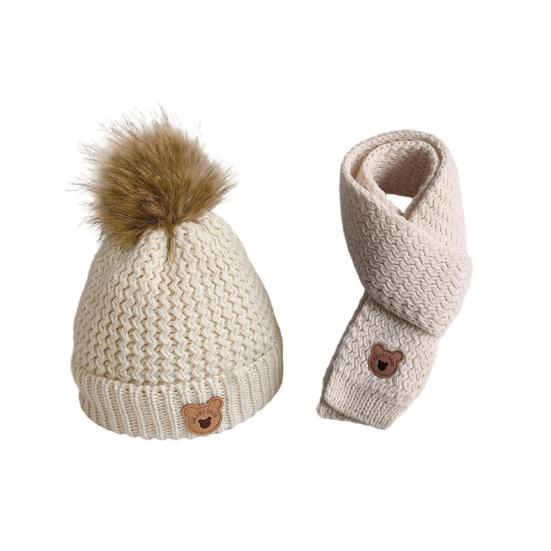 Kids Winter Hat Scarf Set Soft Knitted Warm Pom Pom Skull Cap And Neck Warmer Cold Weather Set for Boys Girls Toddlers
