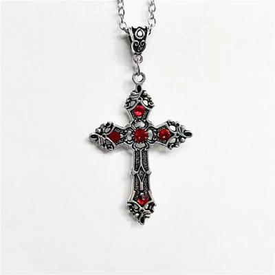 European American Retro Gothic Black Ruby Cross Pendant Necklace for Men Women Unisex Fashion Jewelry