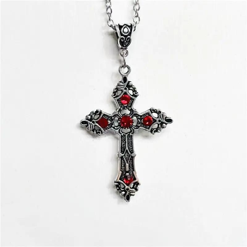 European and American retro simple fashion gothic black gem ruby cross pendant men's women's necklace