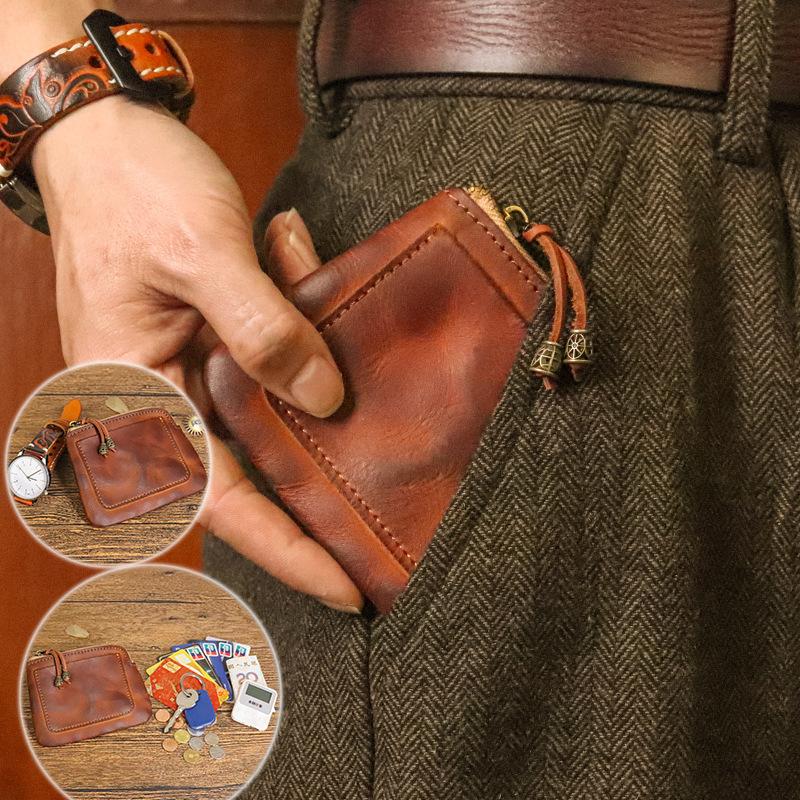 Vintage Vegetable Tanned Leather Coin Purse for Women's Adult Small Wallet, Handmade Old, Color Wiped, Niche Mini Coin Card Bag