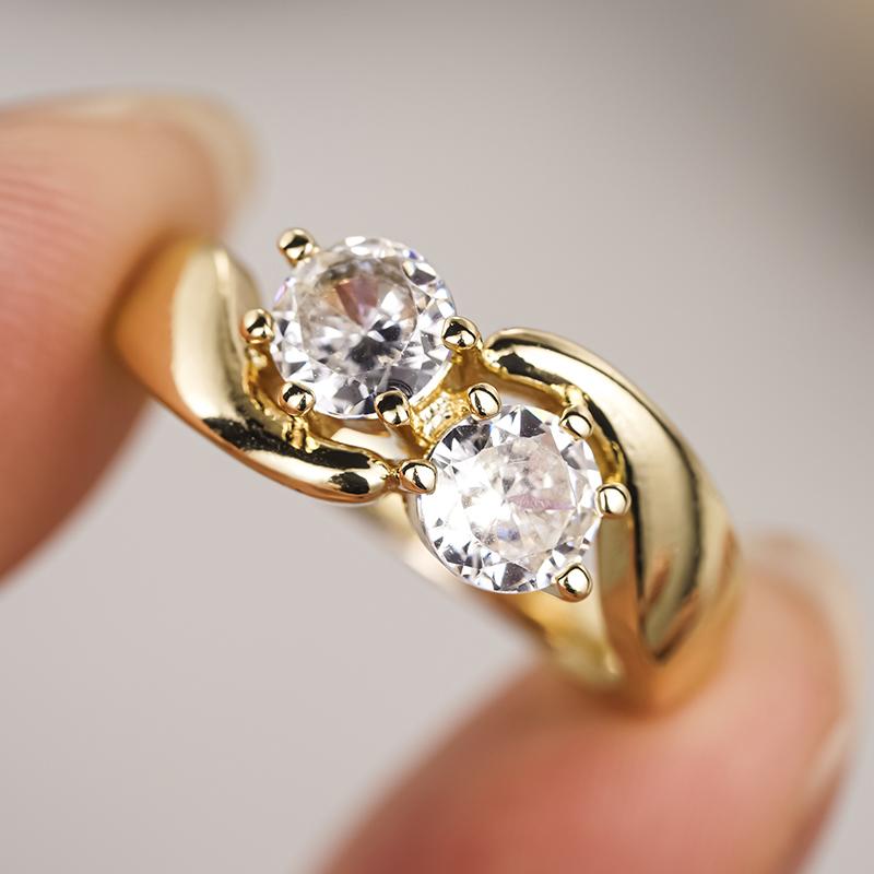 Huitan Minimalist Double Cubic Zirconia Gold Color Rings for Women Wedding Trend Accessory Temperament Female Engagement