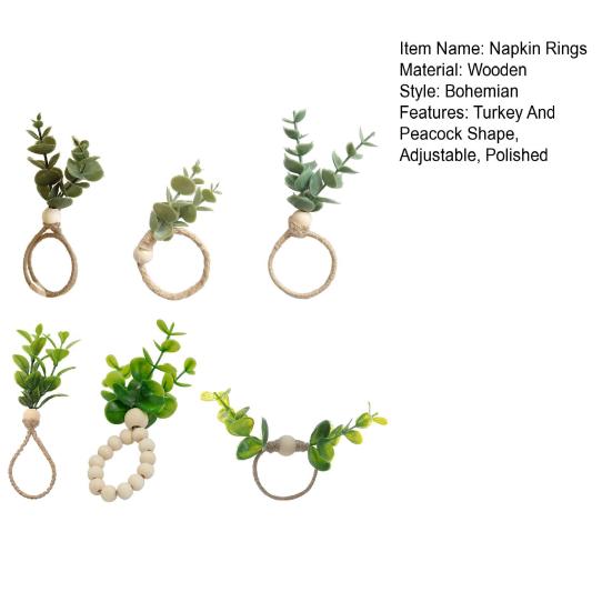 6 ks Sponky na ubrousky Falešný list Provázková dekorace Dřevěná korálka Boho