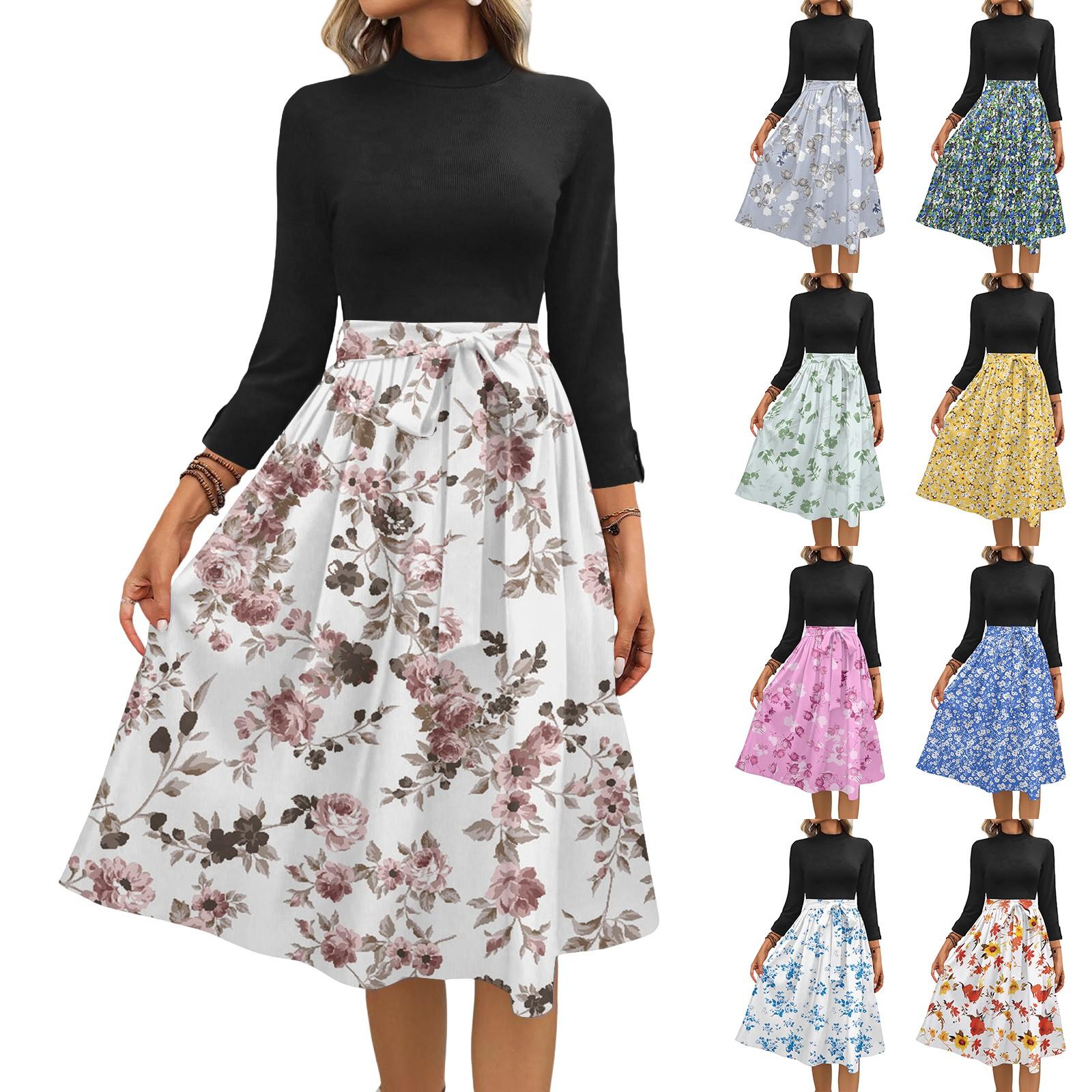 

Women s Fashion Casual Belt Seven Sleeve Round Neck Floral Temperament Dresses XXL