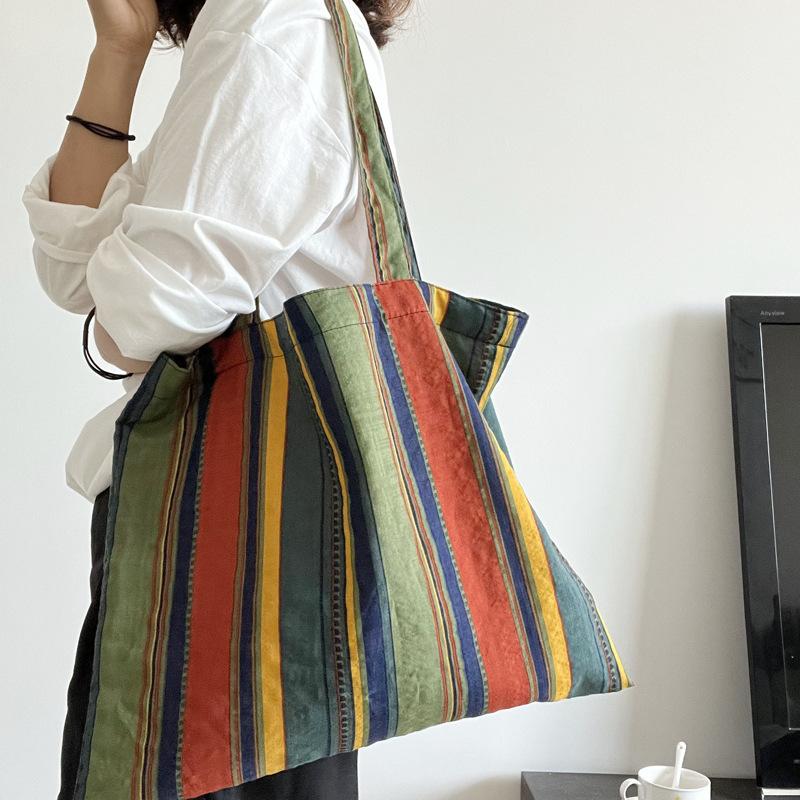 Borsa Tote In Tela A Righe Multicolori, Retrò, Con Tracolla, Grande Capacità (33x32x14 Cm), Per Lavoro, Scuola, Shopping E Viaggio