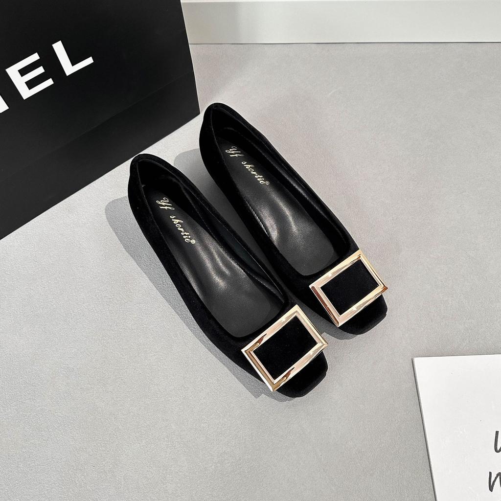 6 cm height increase, classic R home square buckle thick heel single shoes women's 2025 new European and American style suede square head high heels