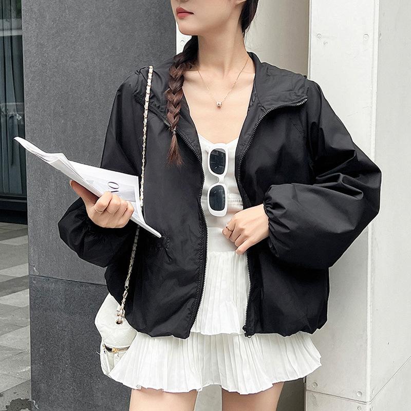 Women's Breathable Sunwear Solid Color Hooded Loose Long Sleeve Zipper Thin Jacket