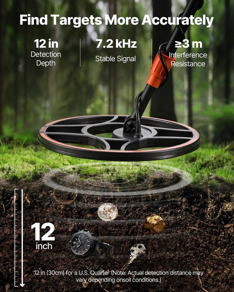 VEVOR Waterproof Metal Detector, 304.8 Mm, Professional High Accuracy Gold Detector for Adults, with Display, Wireless Headphones, 7 Modes
