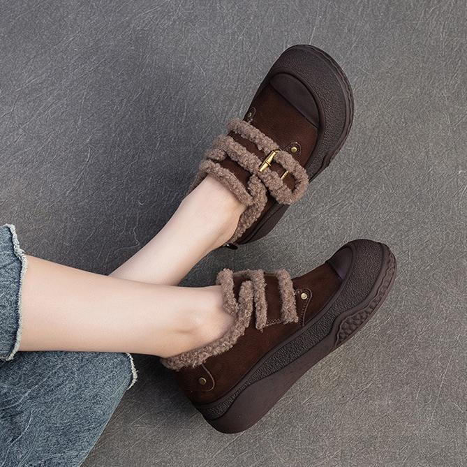 Johnature Plyšové hřejivé retro univerzální mokasíny z pravé kůže Ležérní dámské boty na ploché platformě se silnou podrážkou