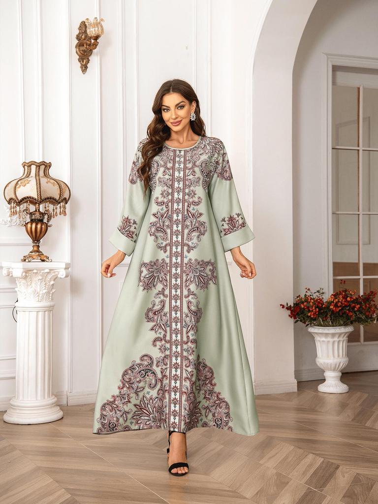 High-Density Beaded Print Muslim Abaya Dress