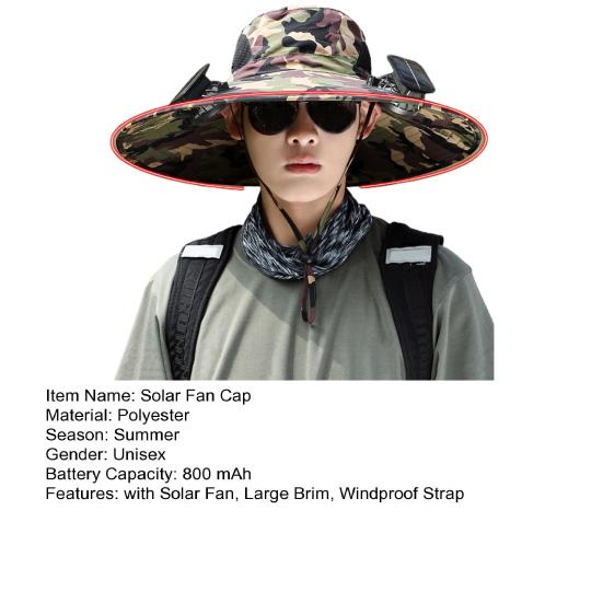 Unisex-Solar-Lüfterkappe, große Krempe, winddichter Riemen, USB-Aufladung, UV-Schutz vor Sonnenlicht, Camouflage-Print, hohles Netzgewebe, Outdoor, Angeln, Camping