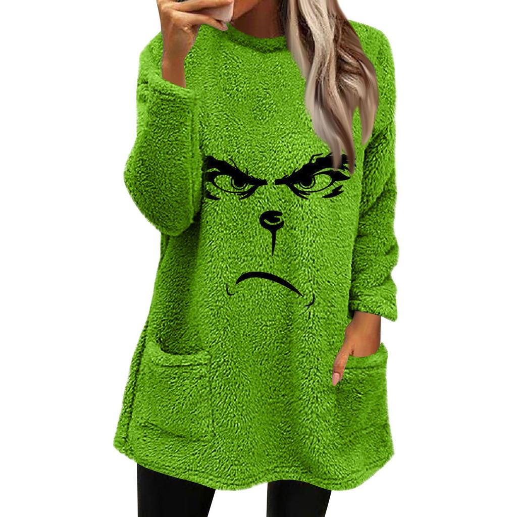 Women's Fashion Casual Long Sleeve Plush Sweatshirt Print Top With Pockets