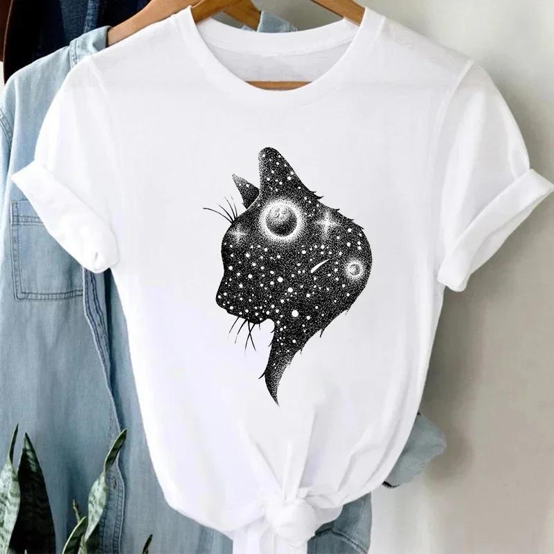 Summer Cute Cat Pattern Printed T-shirt with Breathable Micro Elastic Fashion Short Sleeved White Minimalist Versatile Top