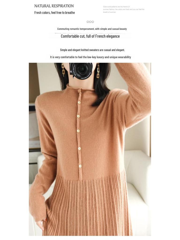 Robe Pull en Laine Coréenne pour Femme Automne/Hiver 2022, Couleur Unie, Col Semi-Montant, Longueur au-Dessus du Genou