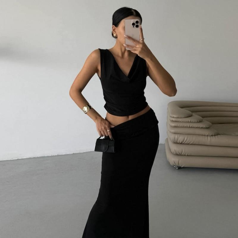 Womens 2-Piece Set Sleeveless Tank Top Long Skirt Blue Casual Elegant Style