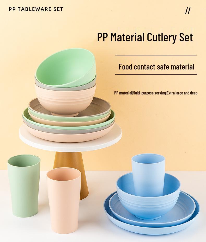 Cross-border Plastic Tableware Set: Plates, Bowls, Cups, Vomit Bowls, 24-Piece for Home Use.