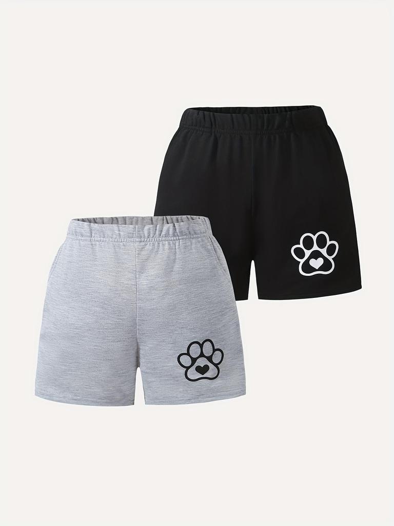 Girls' Everyday Casual & Stylish Shorts (2-Pack) — Summer Style with Cartoon Cat Paw Print