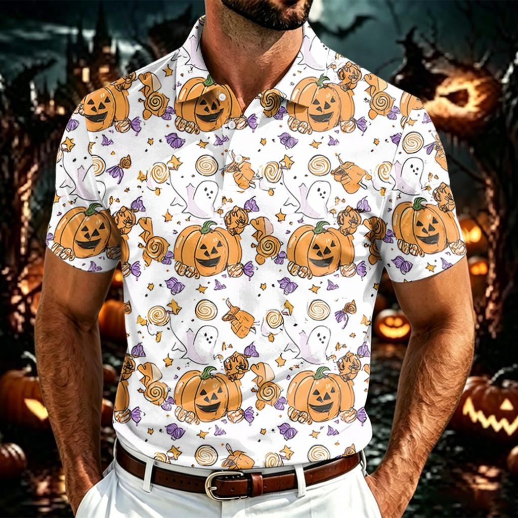 Men's Halloween Print Polo Shirt Short Sleeve Breathable Mesh Lightweight Casual Collared Top for Seasonal Wear
