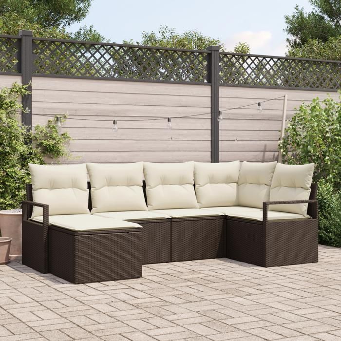Ensemble de canapé de jardin vidaXL 6 pièces avec coussins Marron Rotin poly, Canapé de jardin vidaXL 2 places 3355117