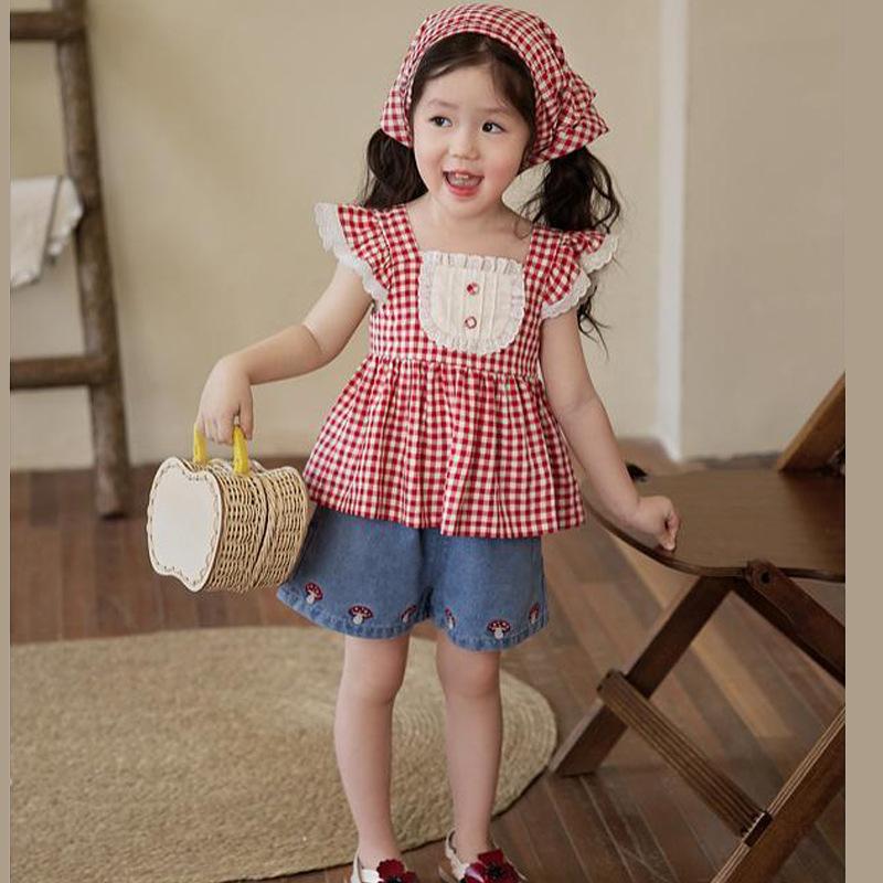 Girls Summer Plaid Sleeveless Top And Shorts 3 Piece Set Cute Baby Casual Outfit